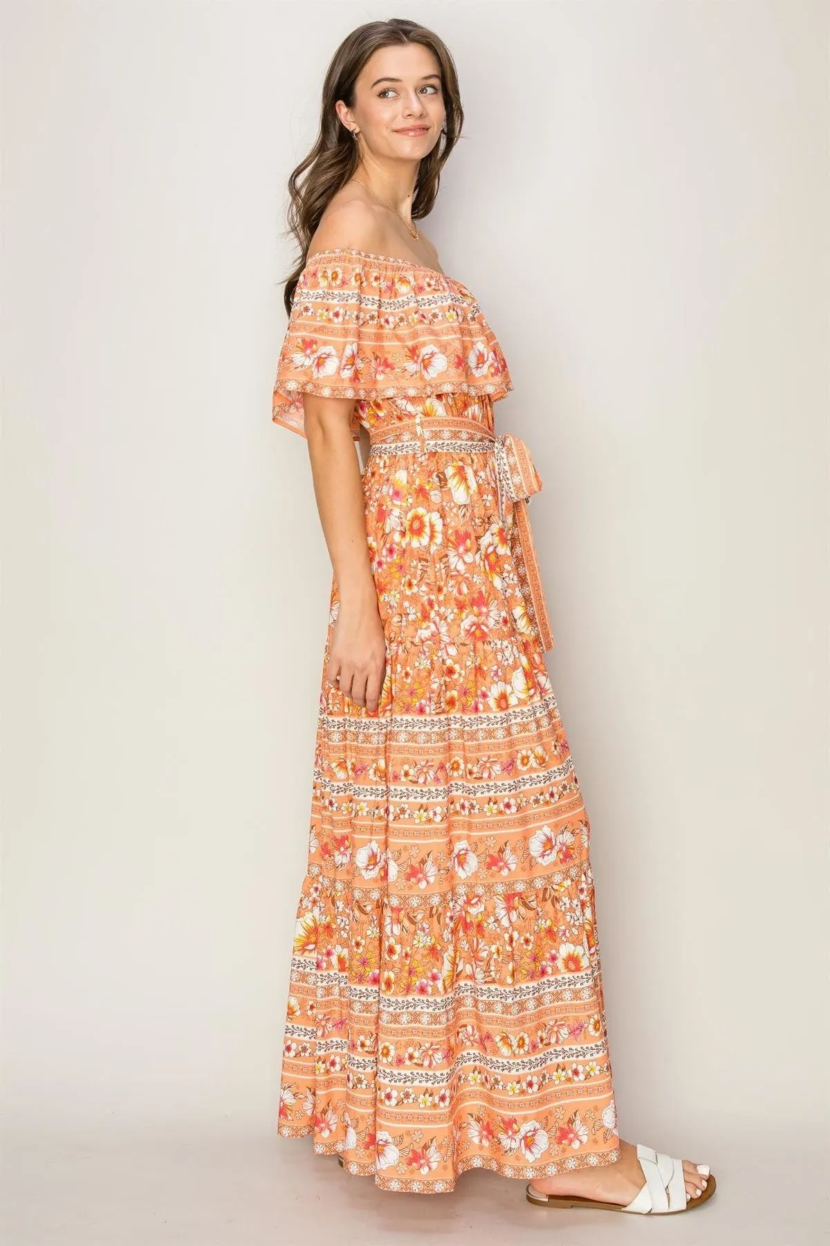 Off the Shoulder Orange Floral Maxi Dress