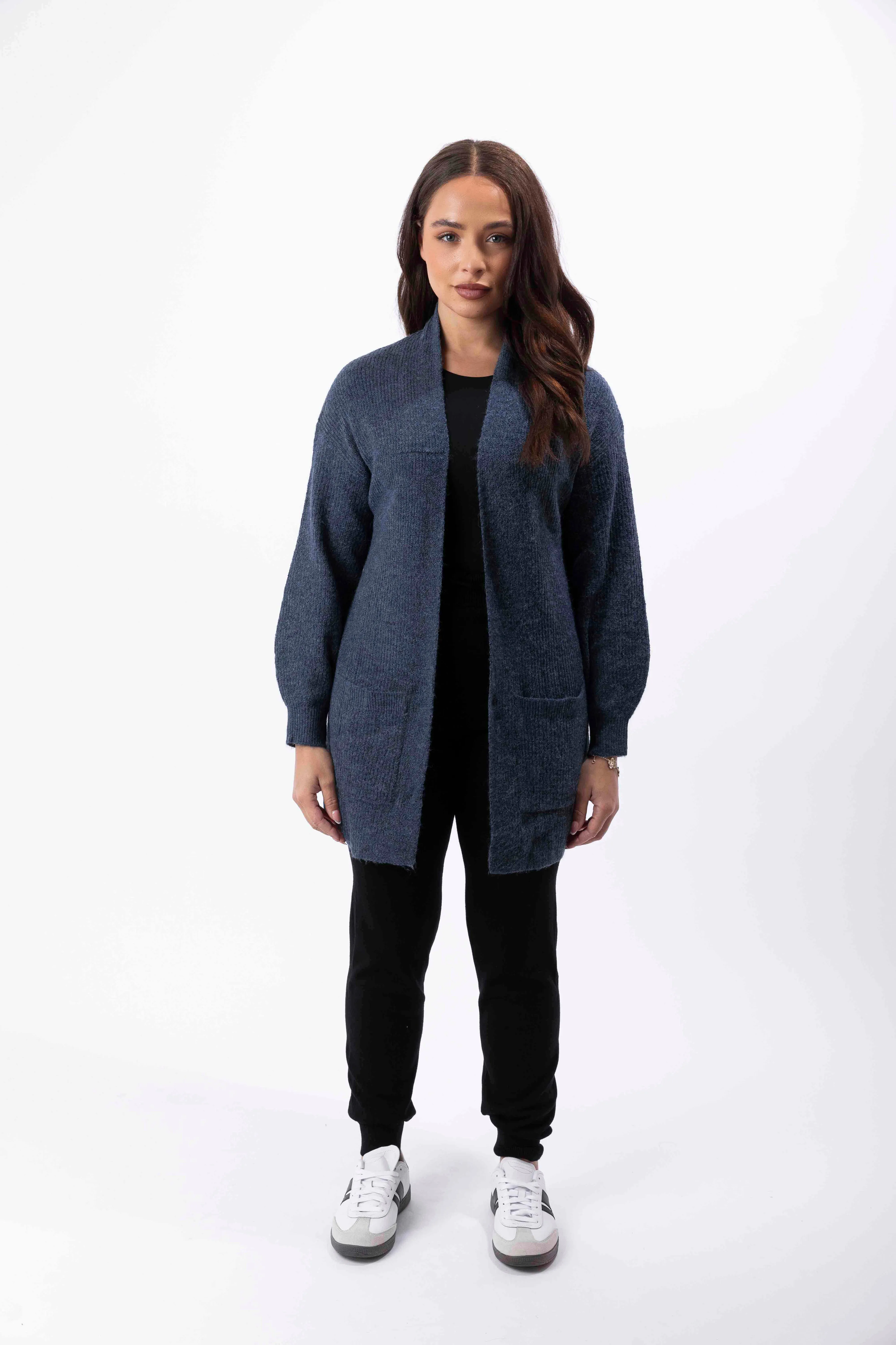 Open Front Chunky Knit Large Pocket Stretchy Longline Cardigan