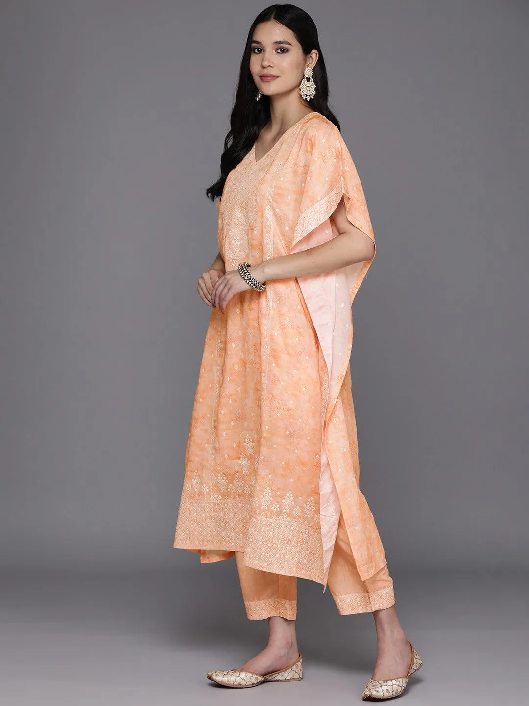 Orange Printed Silk Blend Kaftan Kaftan With Trousers