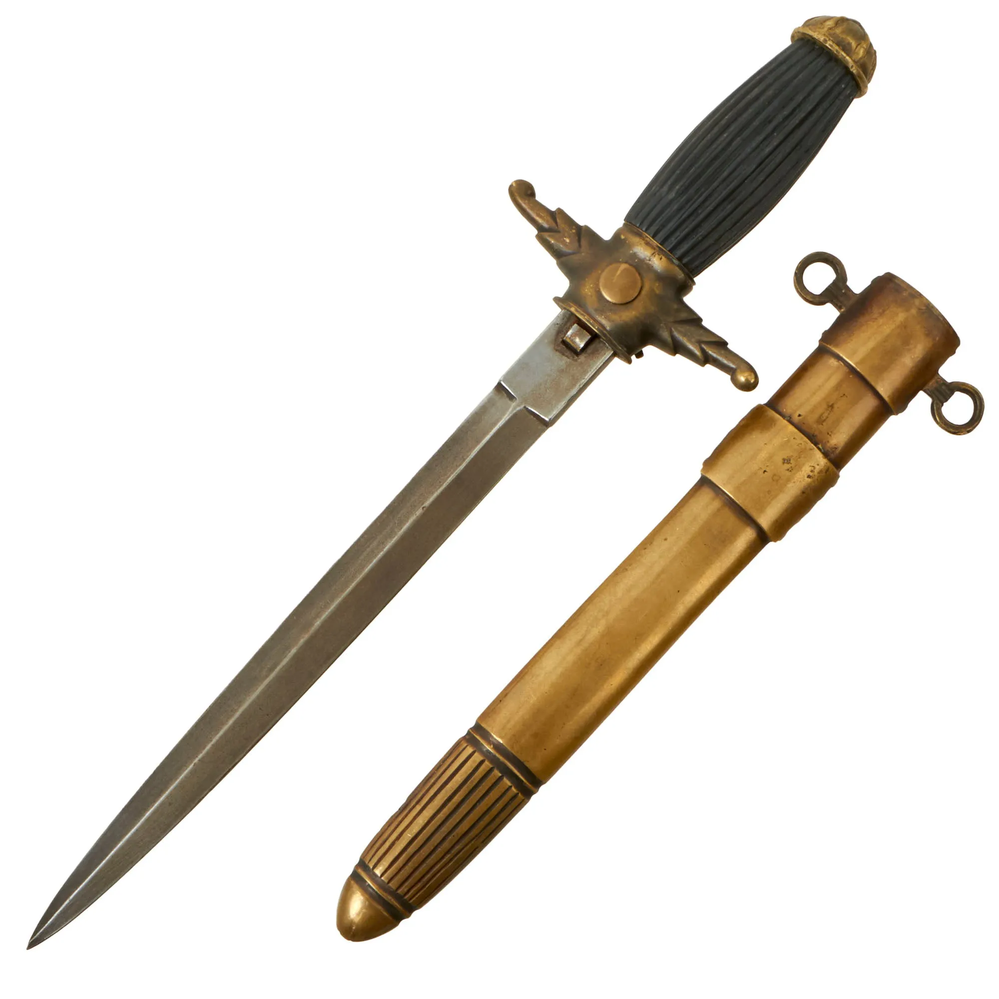 Original Hungarian Early WWII Era Kingdom of Hungary Firefighter Dress Dagger With Ornate Blade and Brass Scabbard by Lajos Mészáros, Budapest