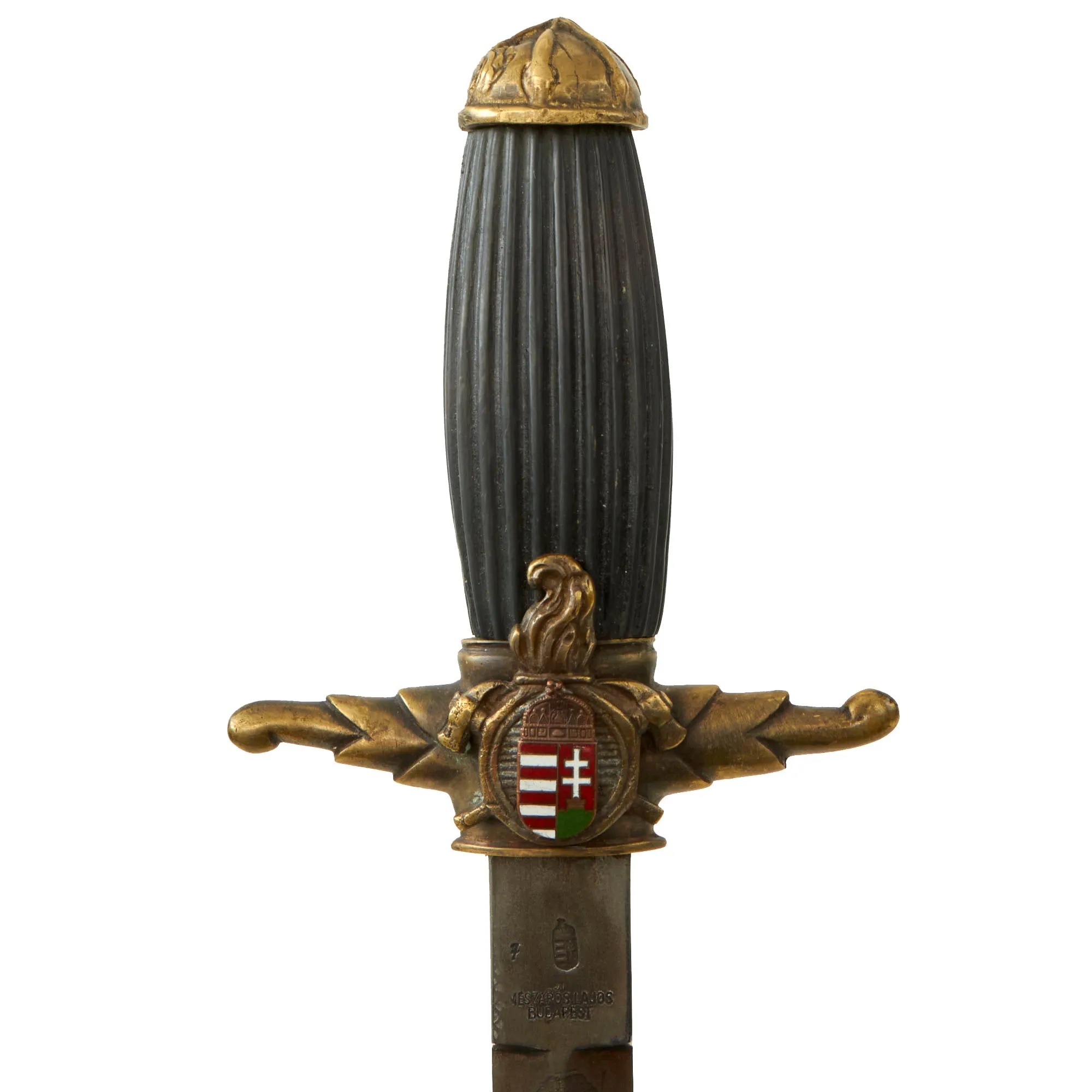 Original Hungarian Early WWII Era Kingdom of Hungary Firefighter Dress Dagger With Ornate Blade and Brass Scabbard by Lajos Mészáros, Budapest