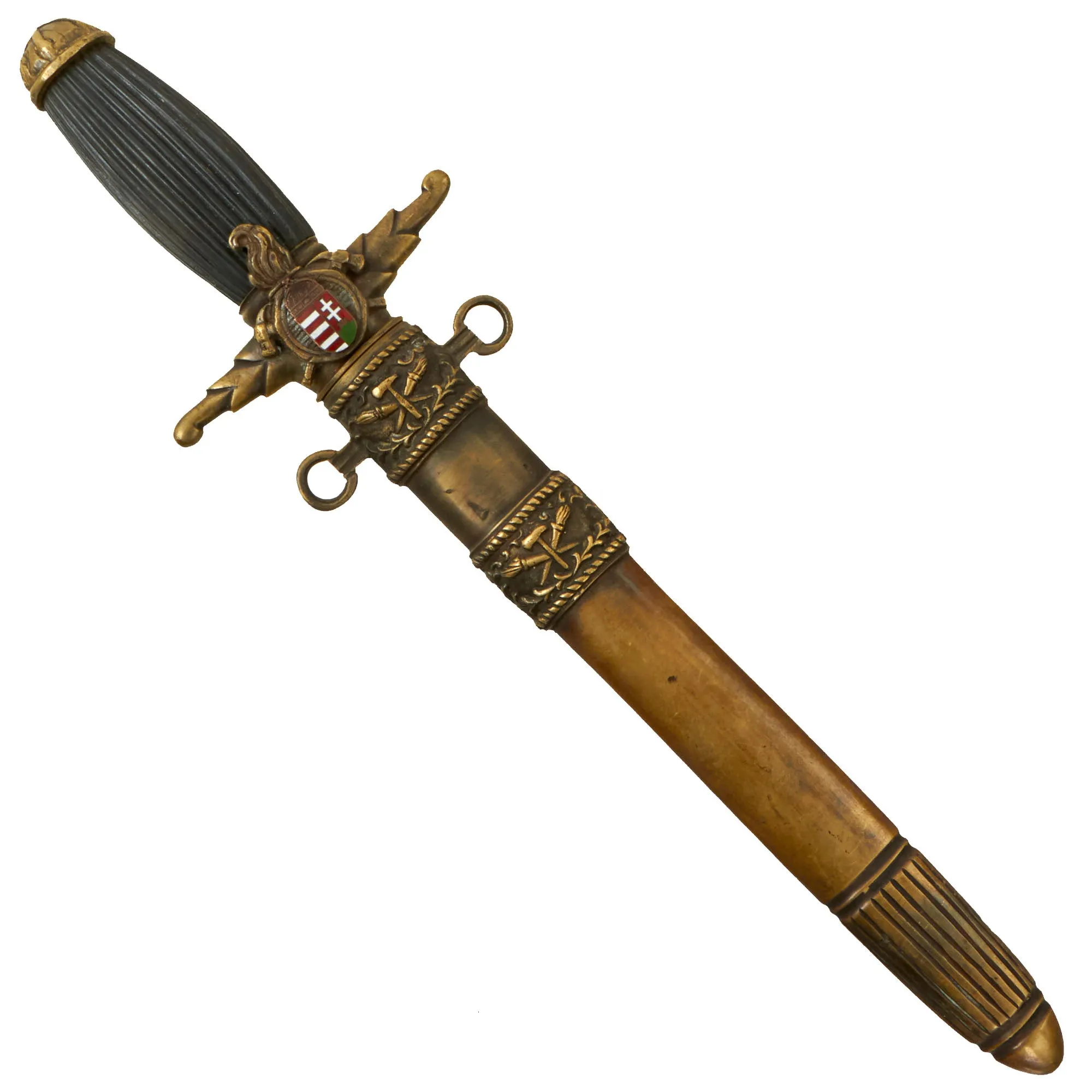 Original Hungarian Early WWII Era Kingdom of Hungary Firefighter Dress Dagger With Ornate Blade and Brass Scabbard by Lajos Mészáros, Budapest