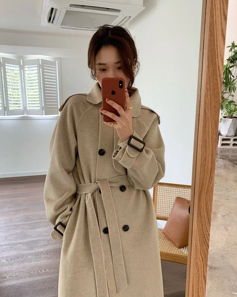 Oversize Fashion Cashmere Wool Long Thick Warm Woolen Trench Overcoat