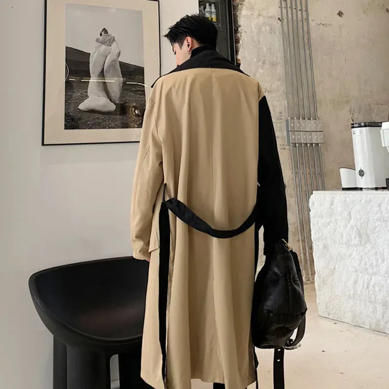 Oversize Long Coat Male Trench Men's Clothing Design Windbreaker With Belt Personality Hit Color Patchwork Loose Coat 9Y189