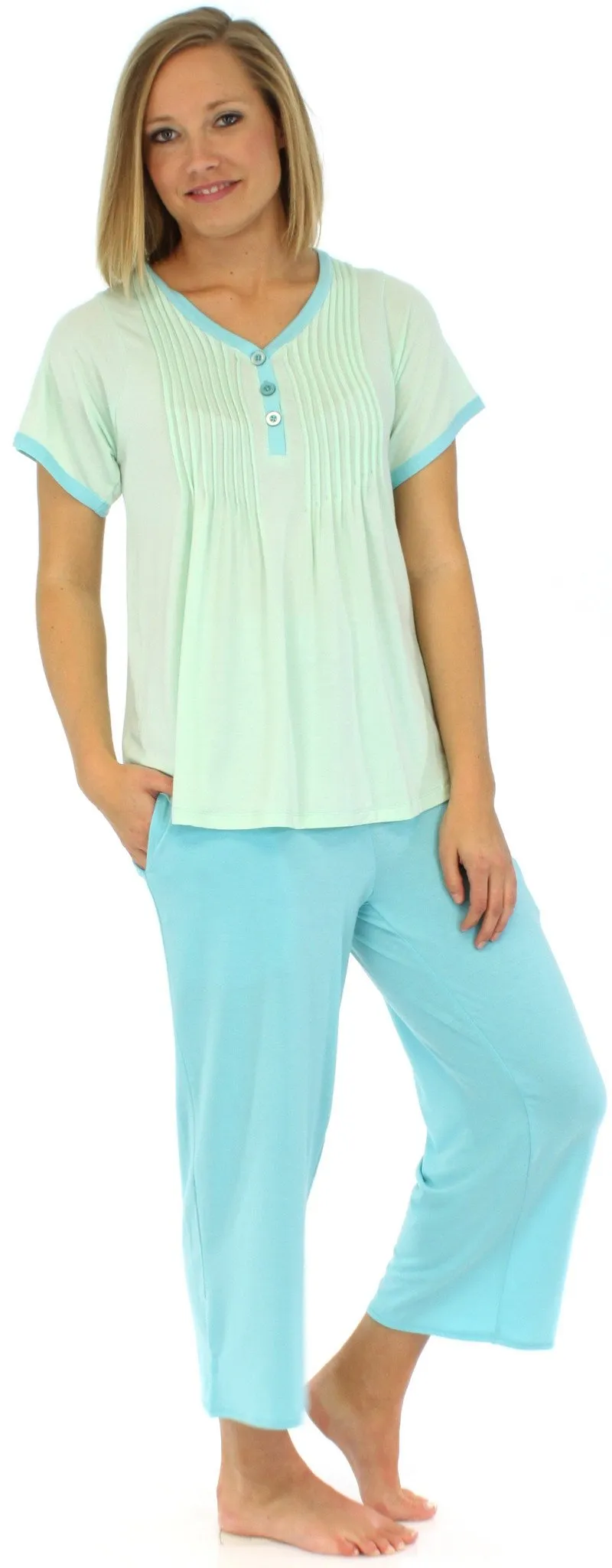 PajamaMania Women's Stretchy Knit V-Neck Top and Capri Pant Pajama Set