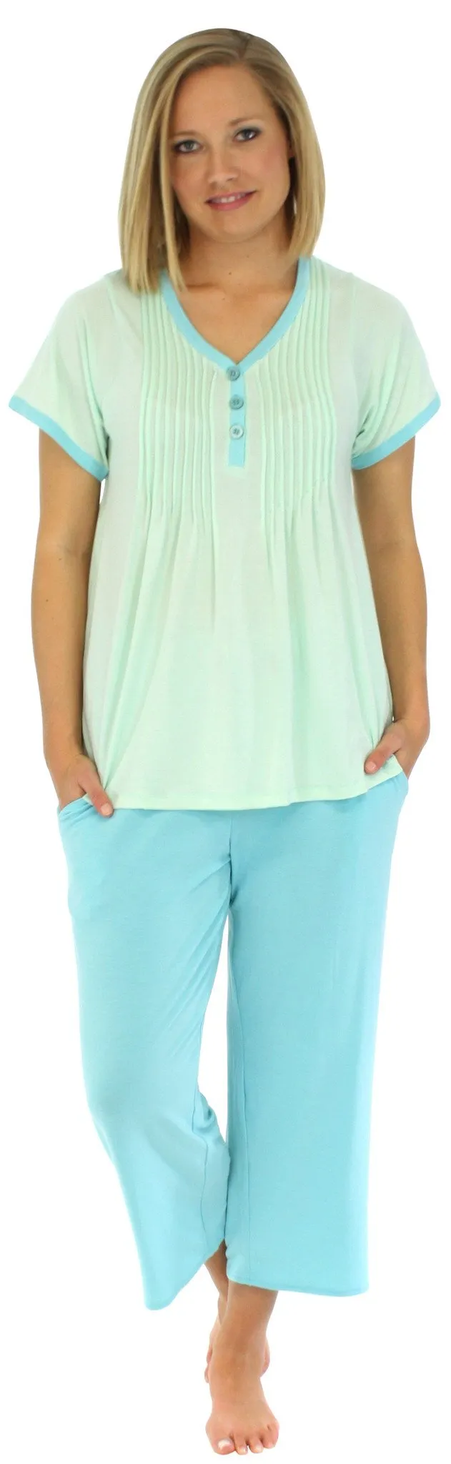 PajamaMania Women's Stretchy Knit V-Neck Top and Capri Pant Pajama Set