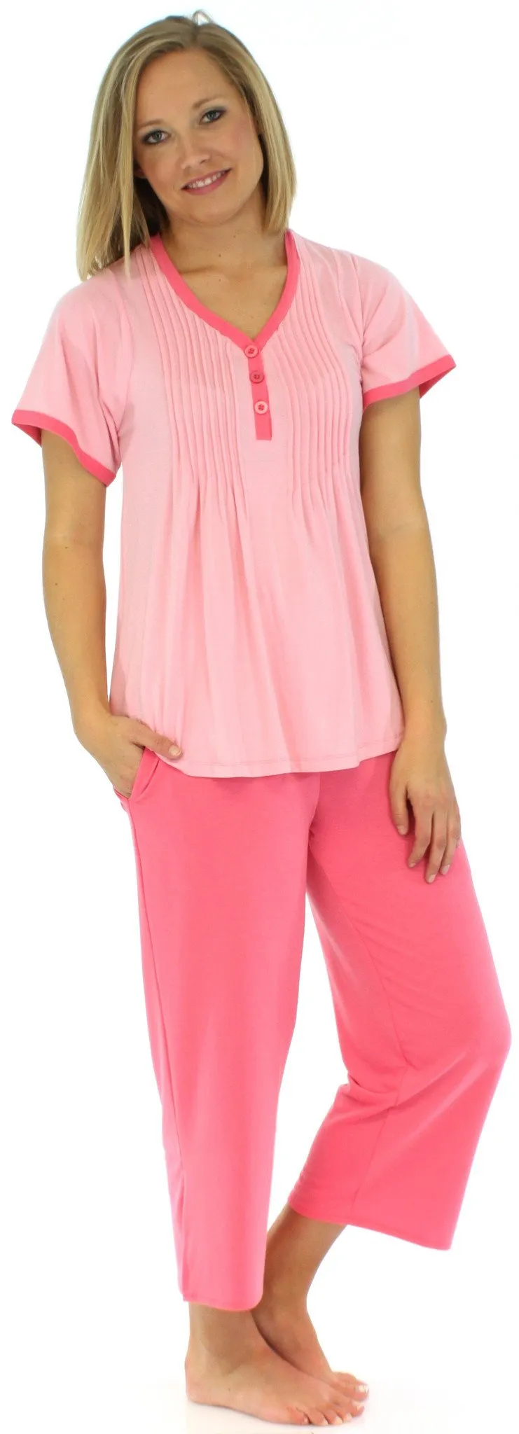 PajamaMania Women's Stretchy Knit V-Neck Top and Capri Pant Pajama Set