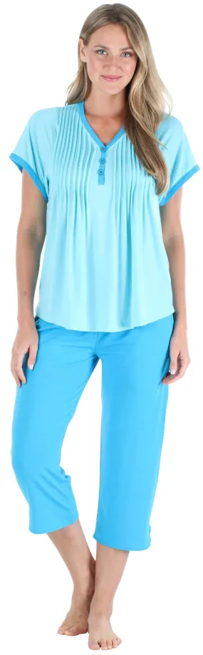 PajamaMania Women's Stretchy Knit V-Neck Top and Capri Pant Pajama Set