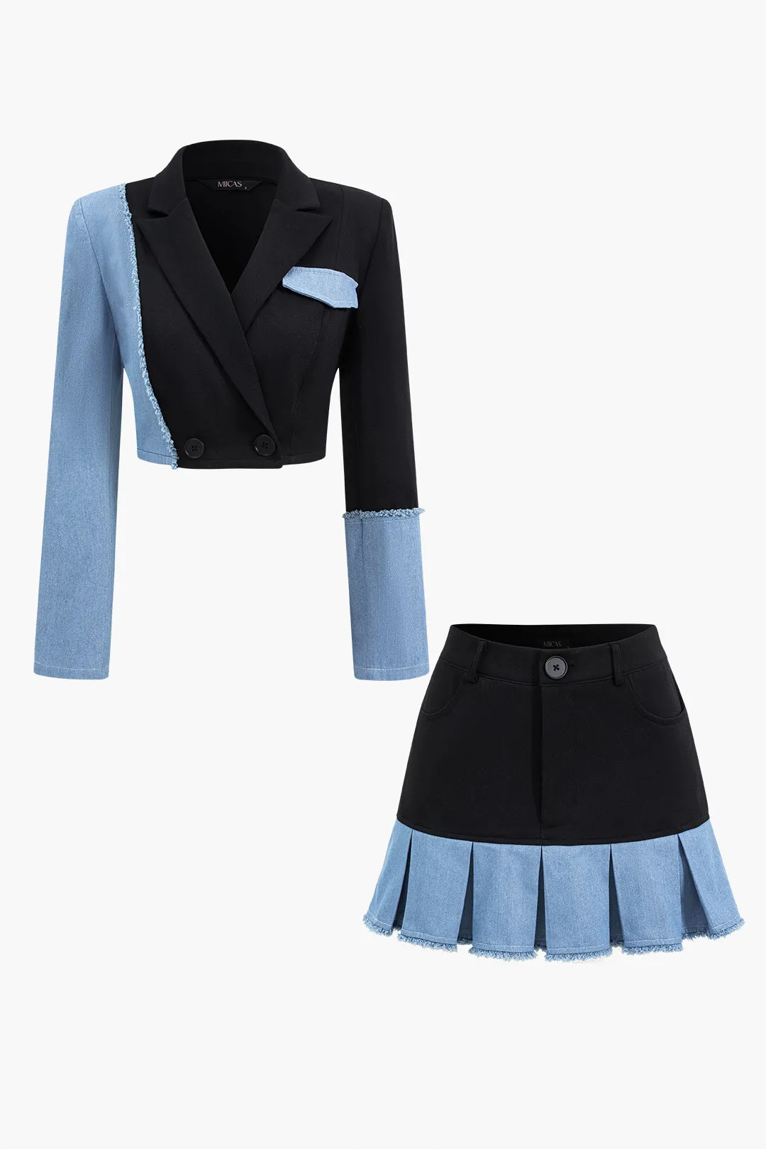 Patchwork Denim Notched Lapel Blazer And Skirt Set