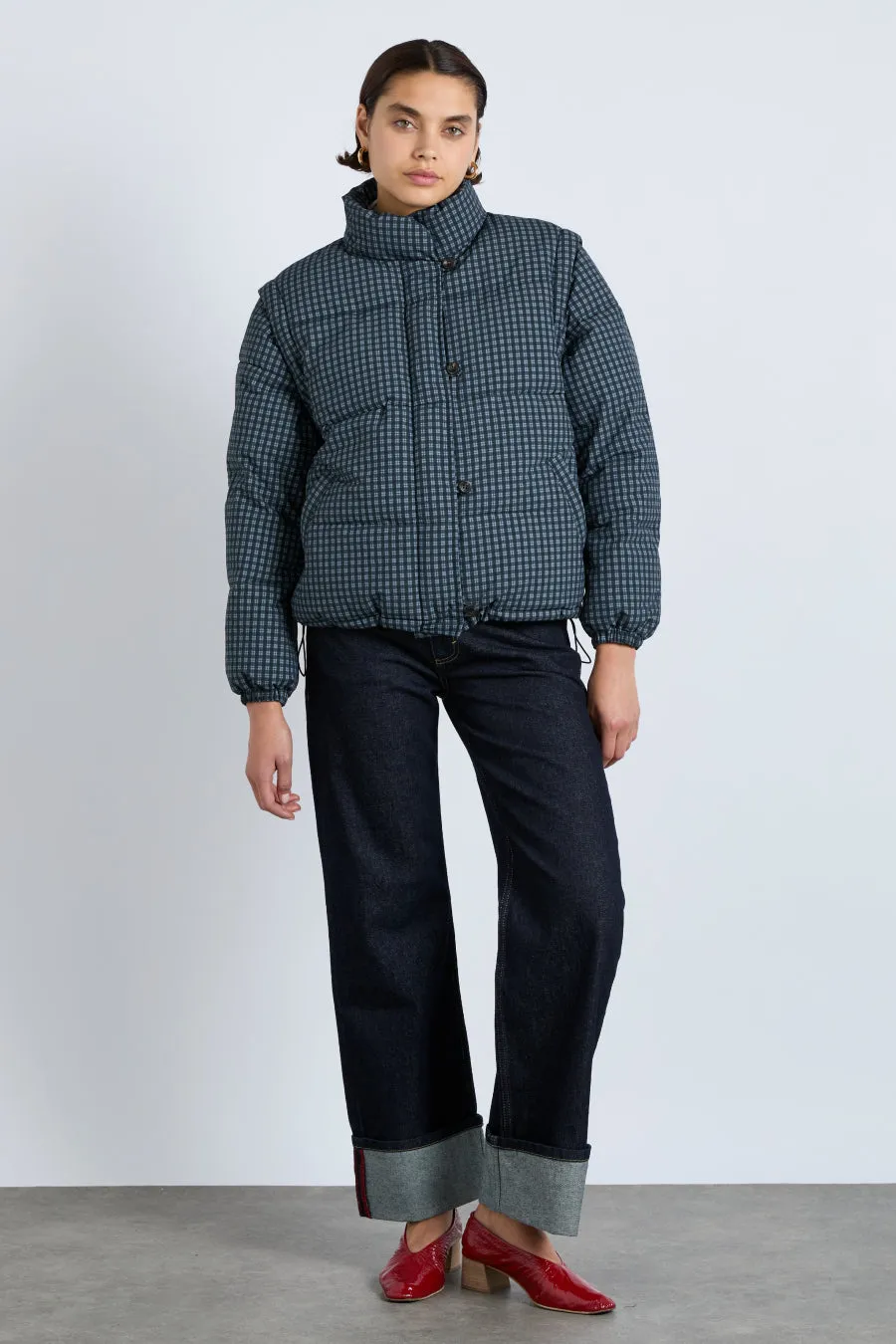 pearl check puffer - navy gingham