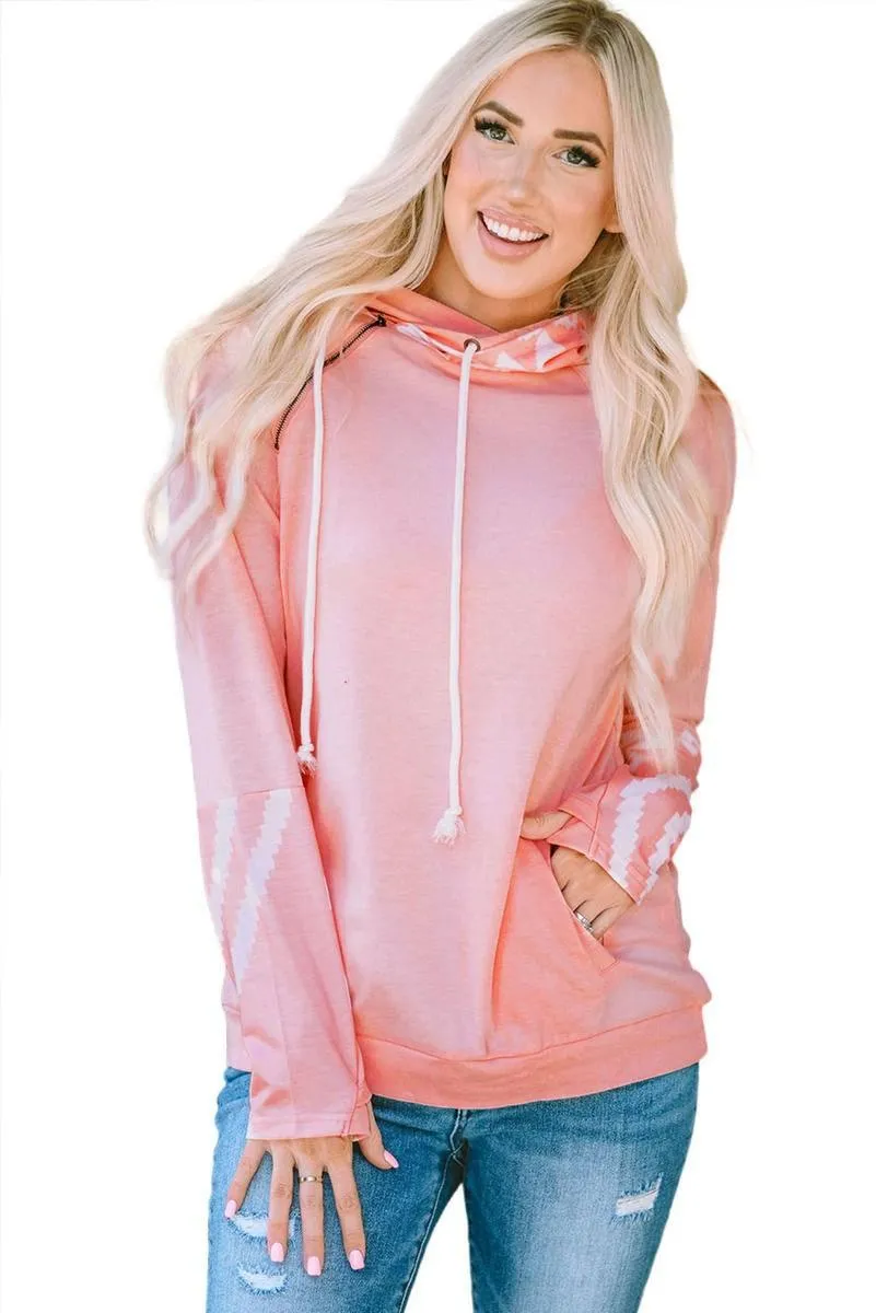 Pink Aztec Patchwork Thumb Hole Hoodie