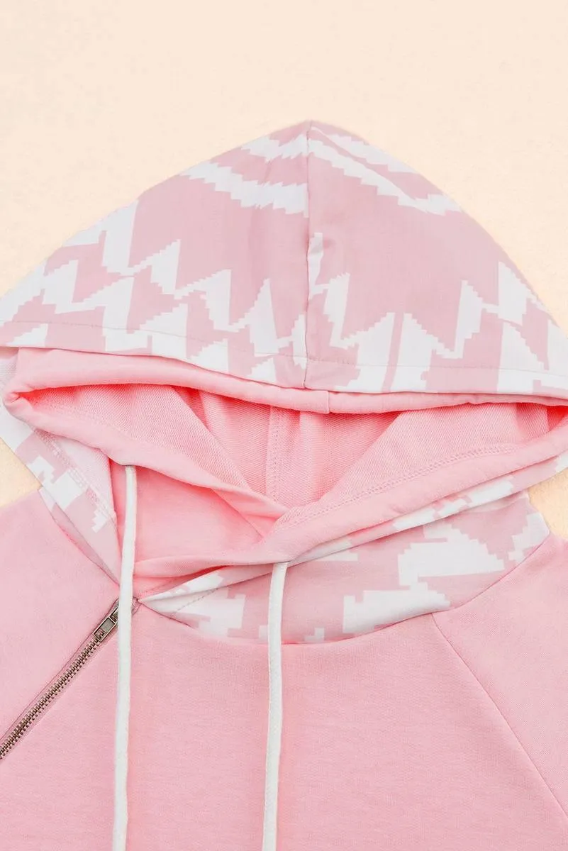 Pink Aztec Patchwork Thumb Hole Hoodie