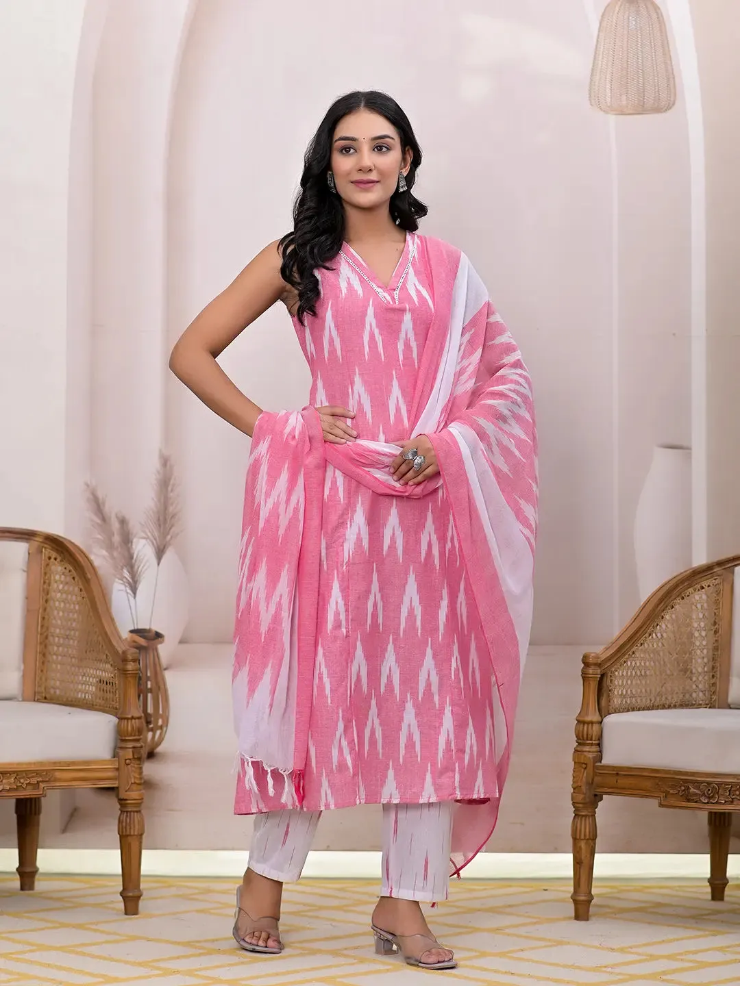 Pink Cotton Ikat Print A Line Suit Set with Voile Dupatta