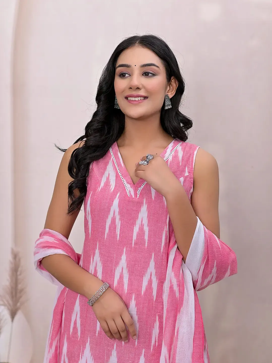 Pink Cotton Ikat Print A Line Suit Set with Voile Dupatta