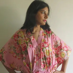 Pink Floral Rosy Red Posy V-Neck Button Down to Waist, Ankle Length, Cinched Waist Caftan