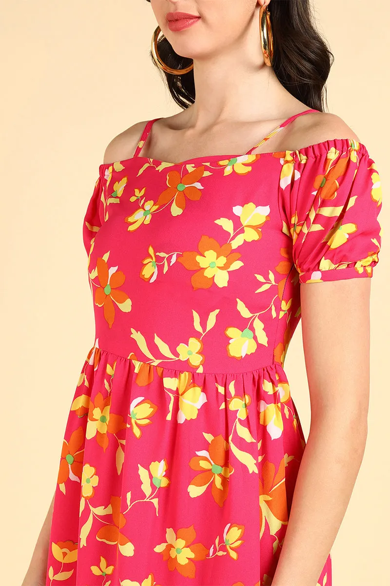 Pink Georgette Floral Printed Off Shoulder Midi Dress