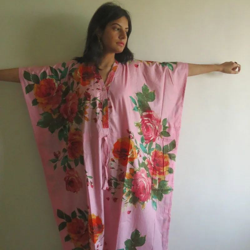 Pink Large Floral Blossom V-Neck Button Down to Waist, Ankle Length, Cinched Waist Caftan