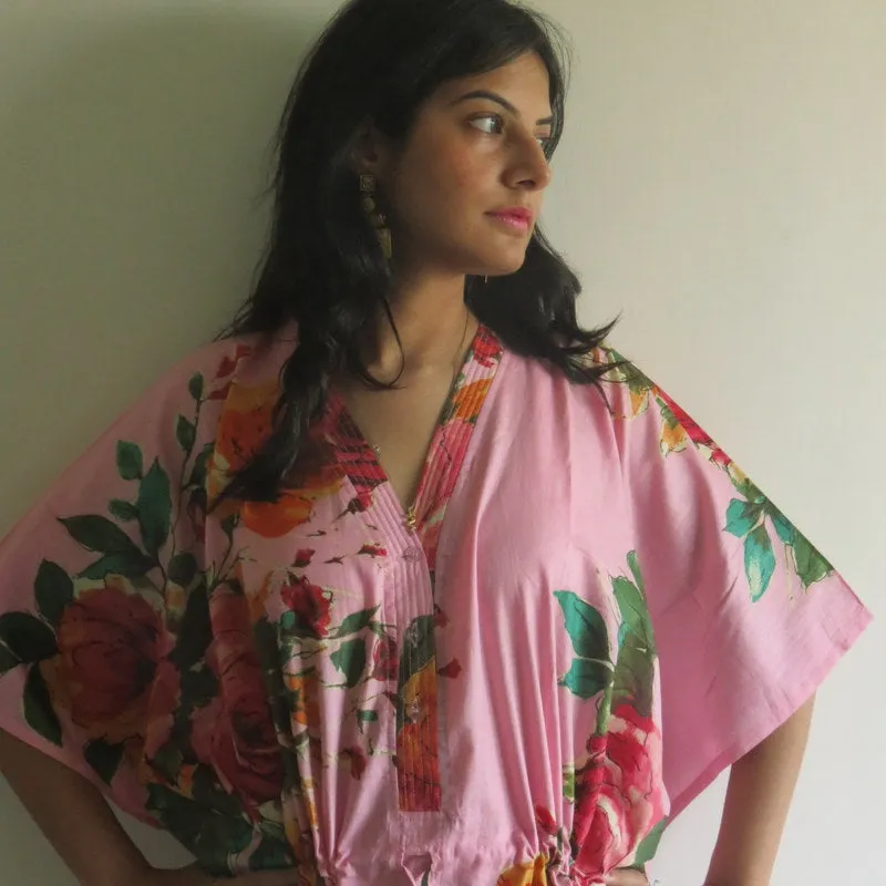 Pink Large Floral Blossom V-Neck Button Down to Waist, Ankle Length, Cinched Waist Caftan