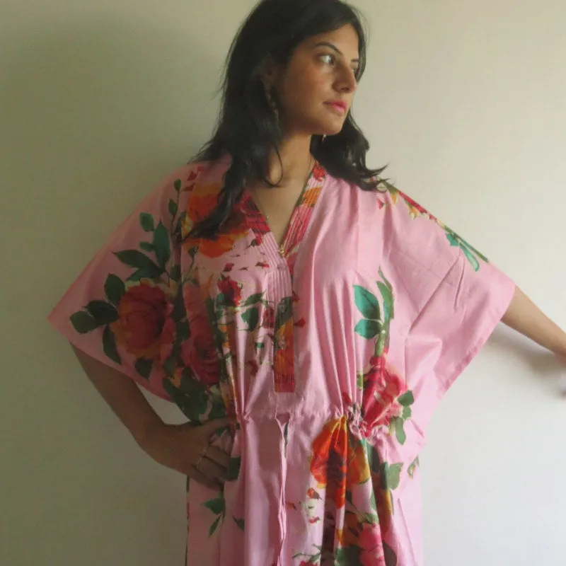 Pink Large Floral Blossom V-Neck Button Down to Waist, Ankle Length, Cinched Waist Caftan