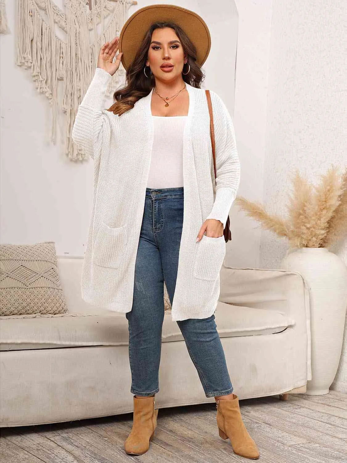 Plus Size Open Front Cardigan With Pockets