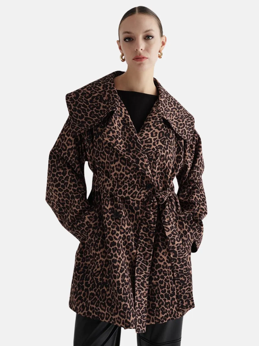 Premium Wide Collar Trench Coat Leopard