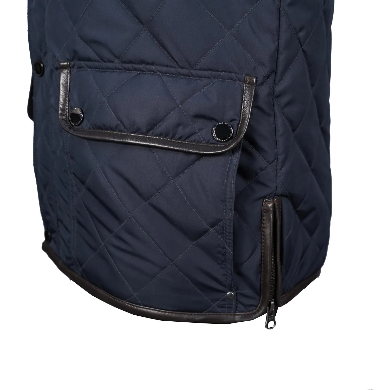 Puffer Navy Blue Vest with Dark Brown Leather Trims