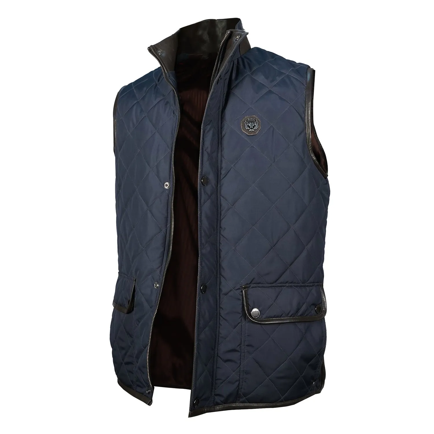 Puffer Navy Blue Vest with Dark Brown Leather Trims