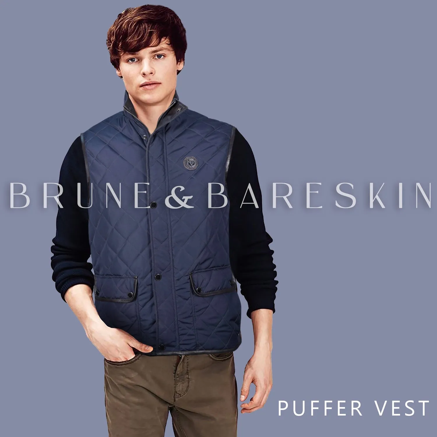 Puffer Navy Blue Vest with Dark Brown Leather Trims