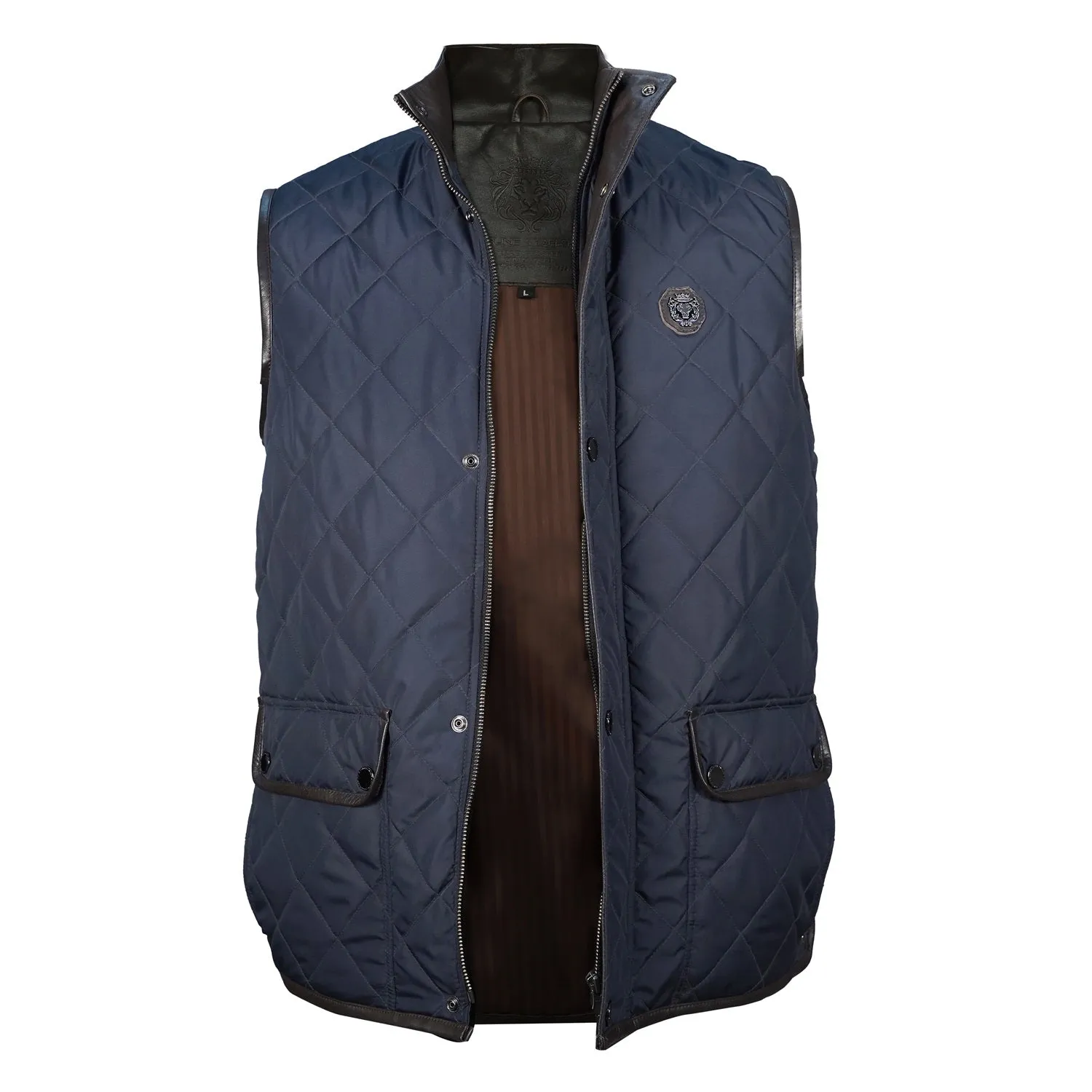 Puffer Navy Blue Vest with Dark Brown Leather Trims