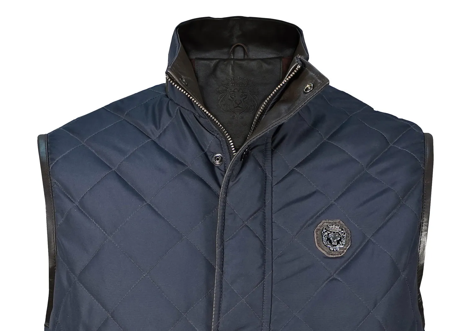 Puffer Navy Blue Vest with Dark Brown Leather Trims