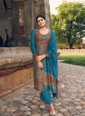 Pure Handloom Weaving Pashmina Teal Blue Winter Suits Set