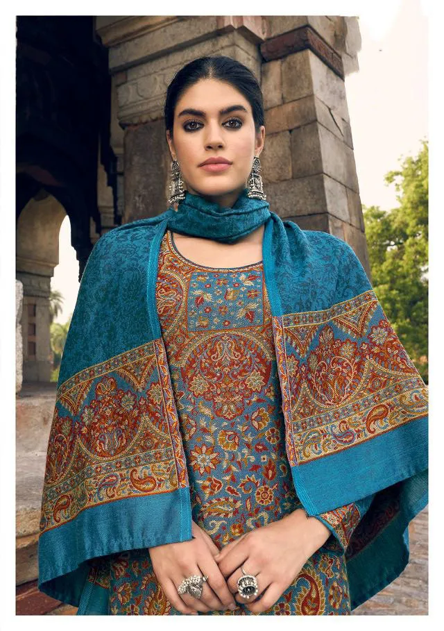 Pure Handloom Weaving Pashmina Teal Blue Winter Suits Set