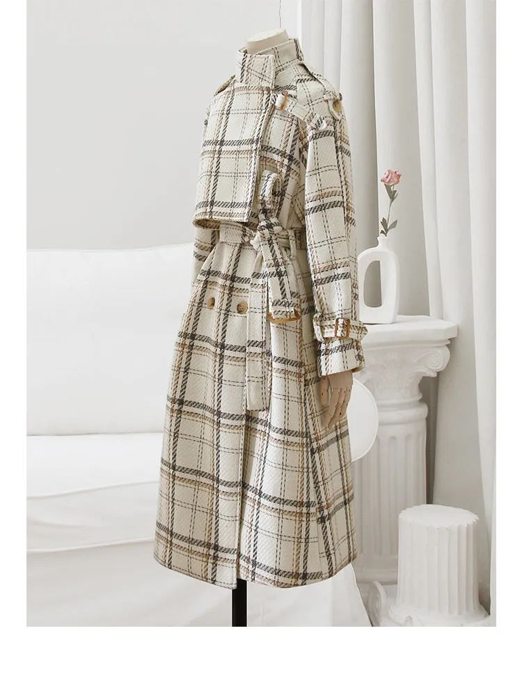 Purpdrank - Autumn Winter Long Loose Warm Plaid Wool Blends Trench Coat for Women Raglan Sleeve Belt Double Breasted Woolen Overcoat