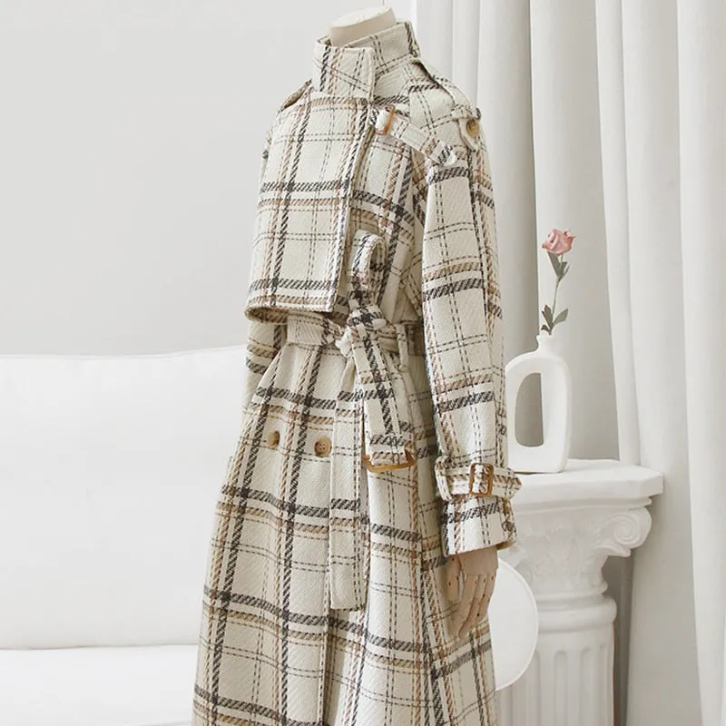 Purpdrank - Autumn Winter Long Loose Warm Plaid Wool Blends Trench Coat for Women Raglan Sleeve Belt Double Breasted Woolen Overcoat