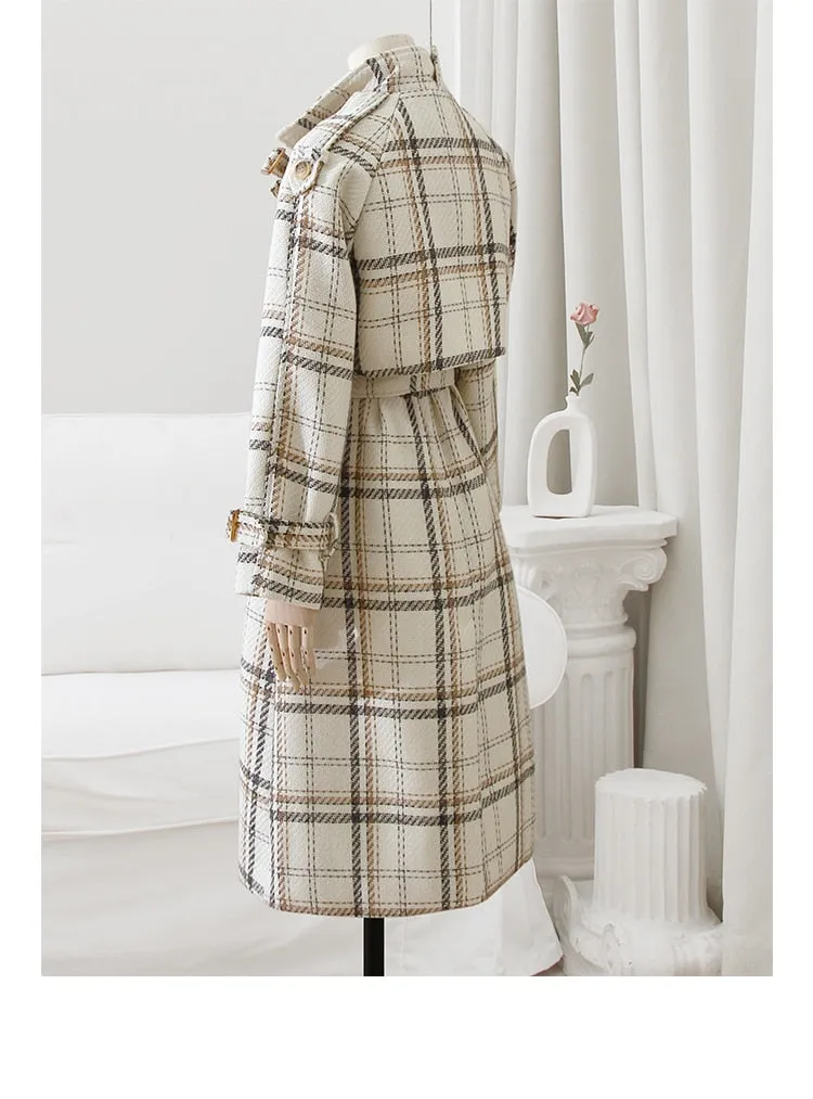 Purpdrank - Autumn Winter Long Loose Warm Plaid Wool Blends Trench Coat for Women Raglan Sleeve Belt Double Breasted Woolen Overcoat