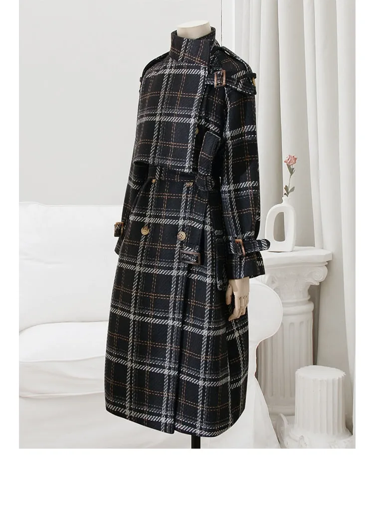 Purpdrank - Autumn Winter Long Loose Warm Plaid Wool Blends Trench Coat for Women Raglan Sleeve Belt Double Breasted Woolen Overcoat