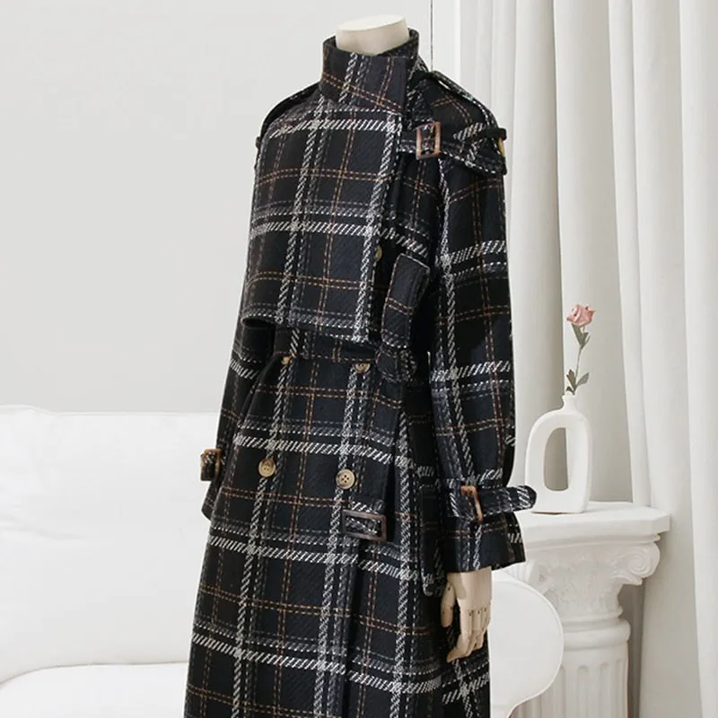 Purpdrank - Autumn Winter Long Loose Warm Plaid Wool Blends Trench Coat for Women Raglan Sleeve Belt Double Breasted Woolen Overcoat