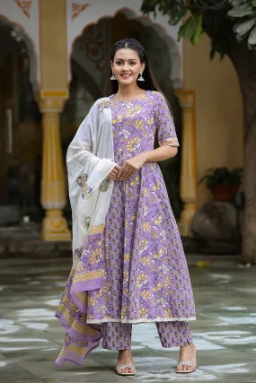 Purple Cotton Ethnic Motifs Printed Anarkali Suit Set