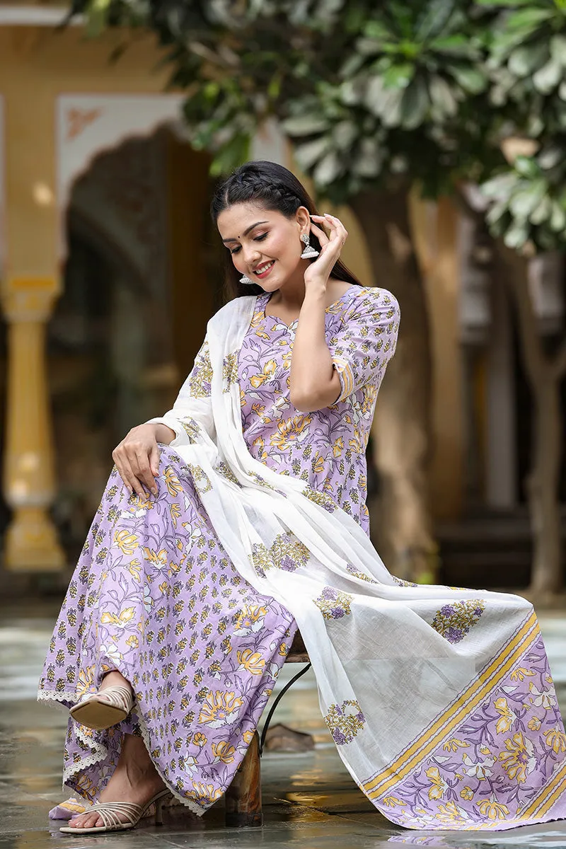 Purple Cotton Ethnic Motifs Printed Anarkali Suit Set