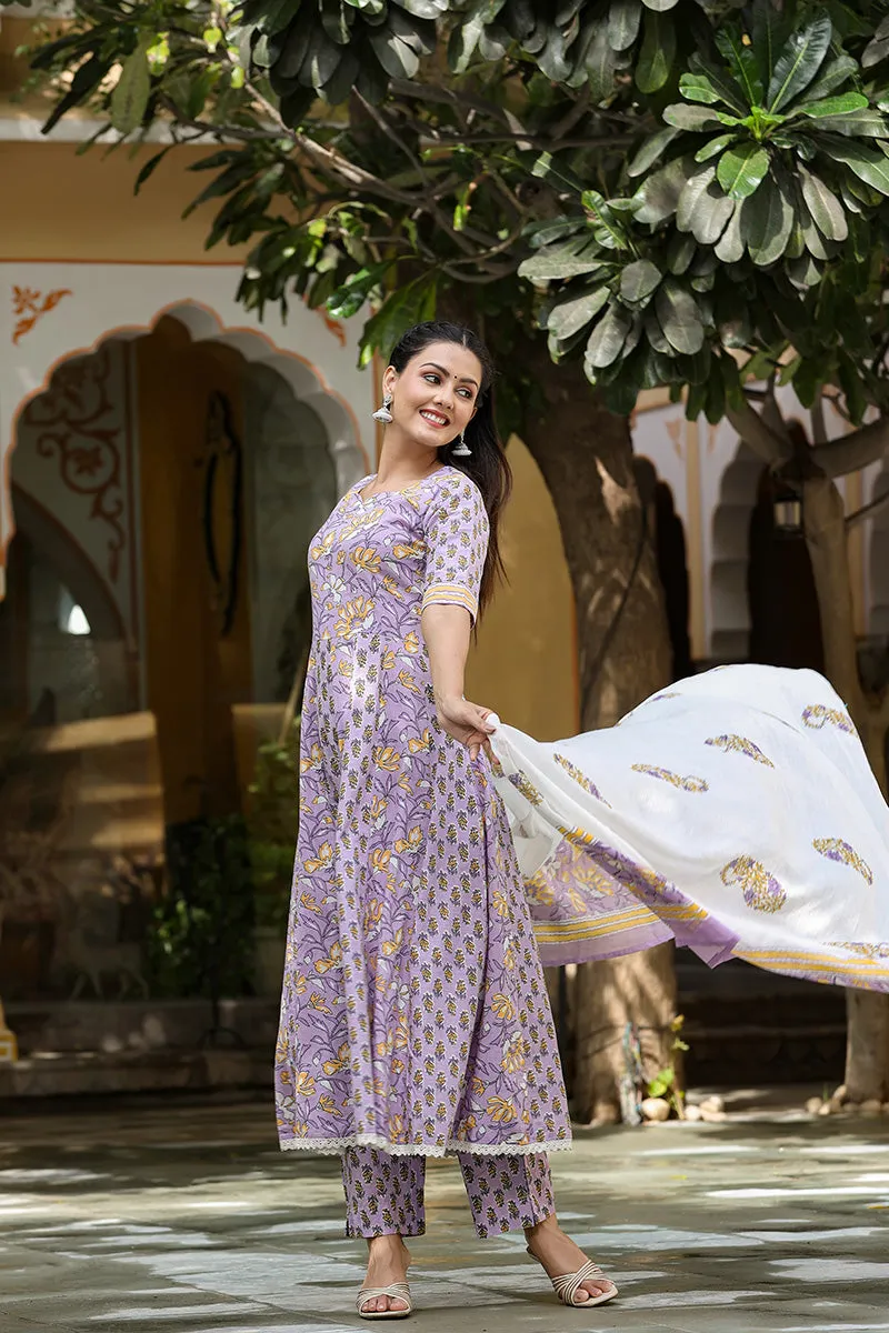 Purple Cotton Ethnic Motifs Printed Anarkali Suit Set