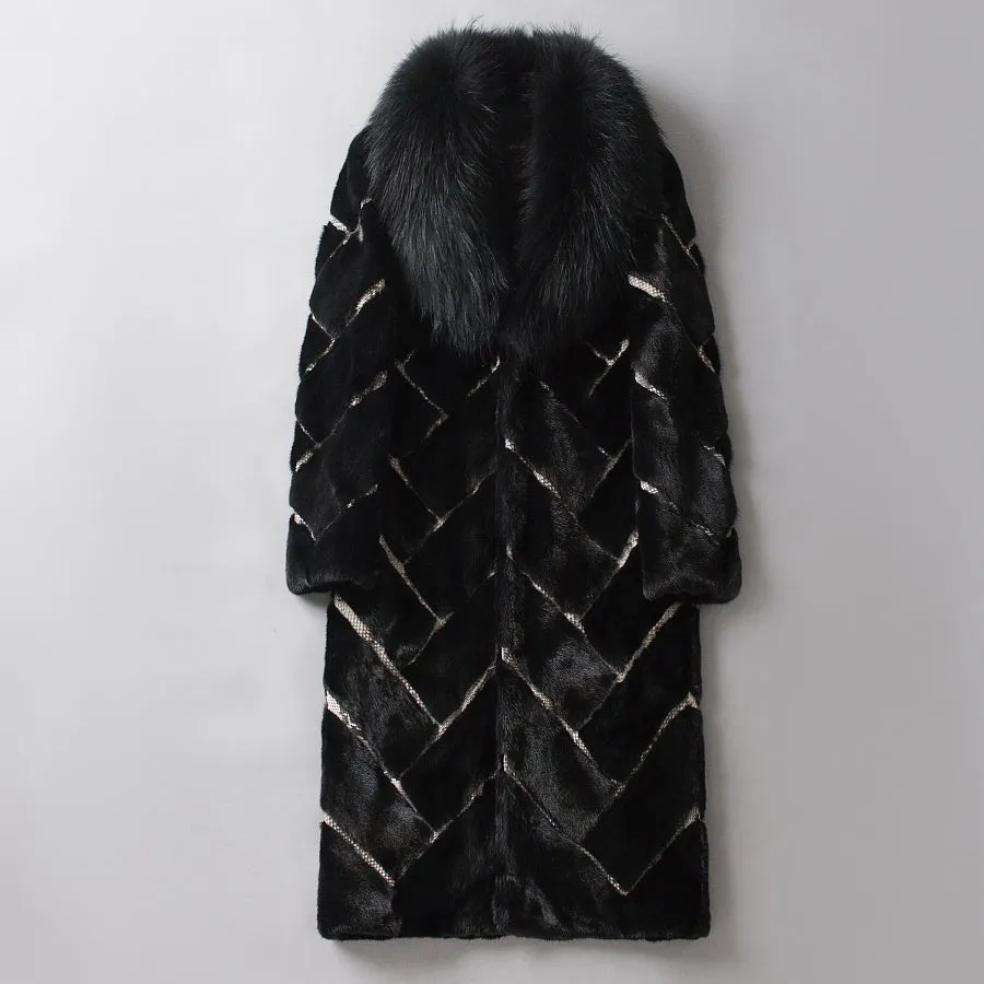 Real Mink Fur Inlaid Snake Print Overcoat with Thick Fox Fur Collar