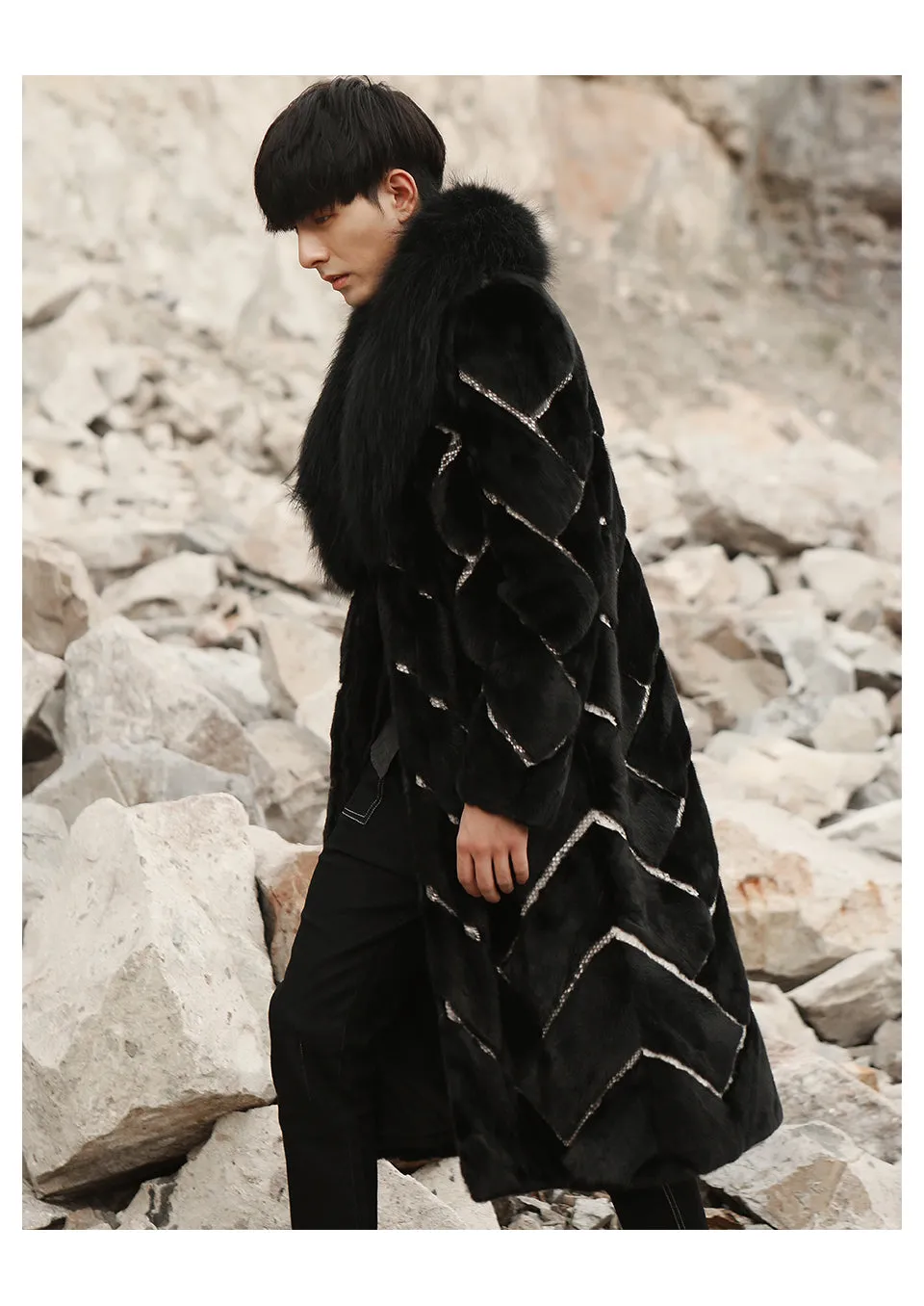 Real Mink Fur Inlaid Snake Print Overcoat with Thick Fox Fur Collar