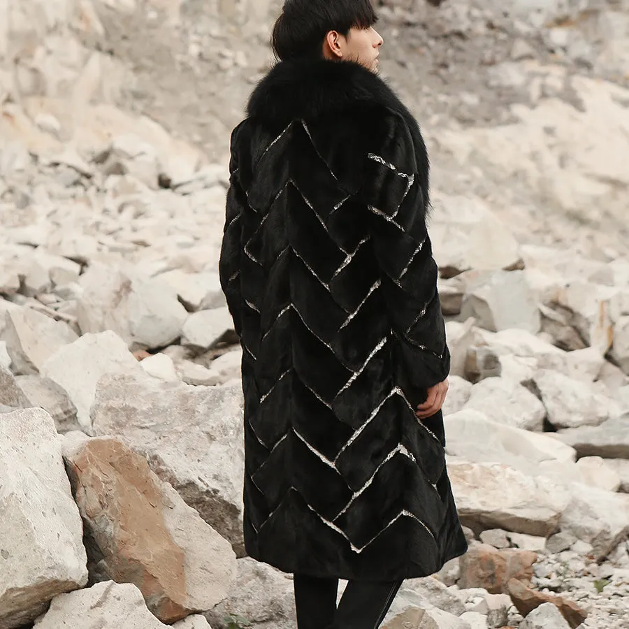 Real Mink Fur Inlaid Snake Print Overcoat with Thick Fox Fur Collar