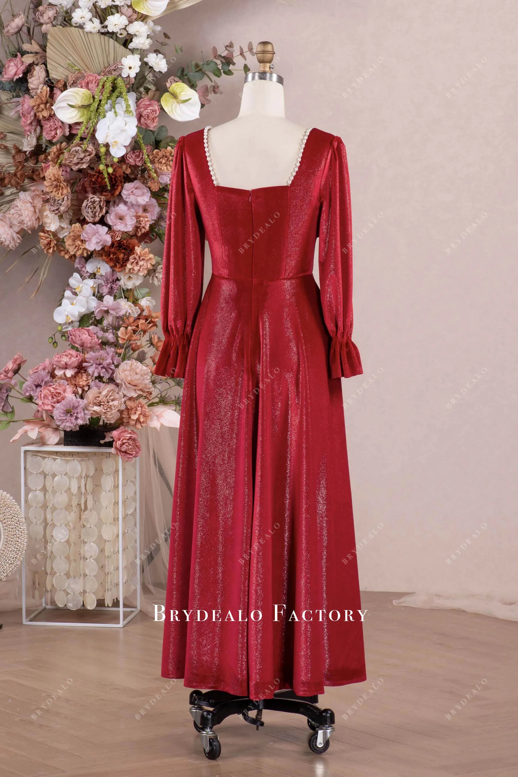 Red Shimmery Velvet Square Neck Ankle Length Formal Dress