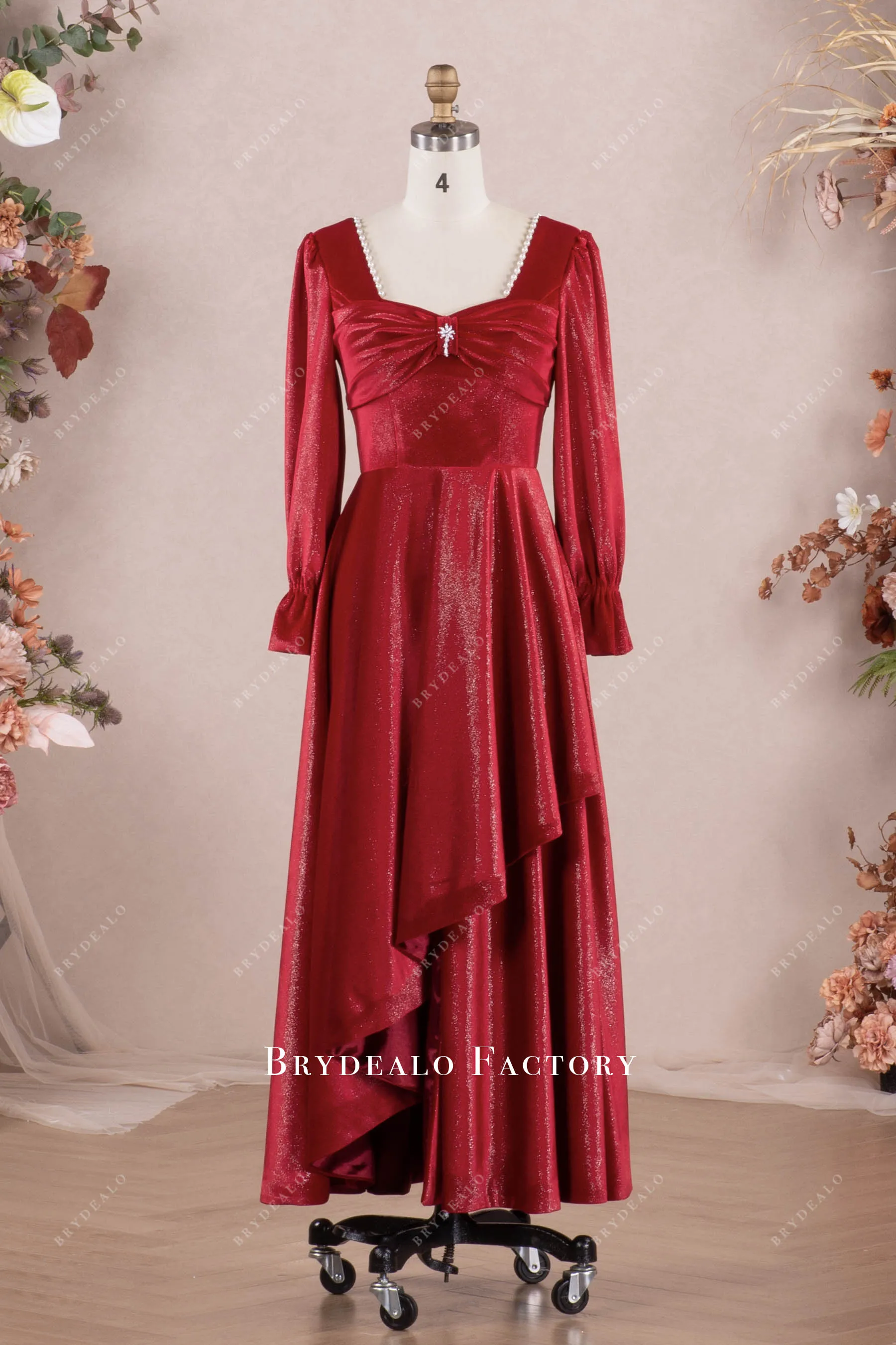 Red Shimmery Velvet Square Neck Ankle Length Formal Dress