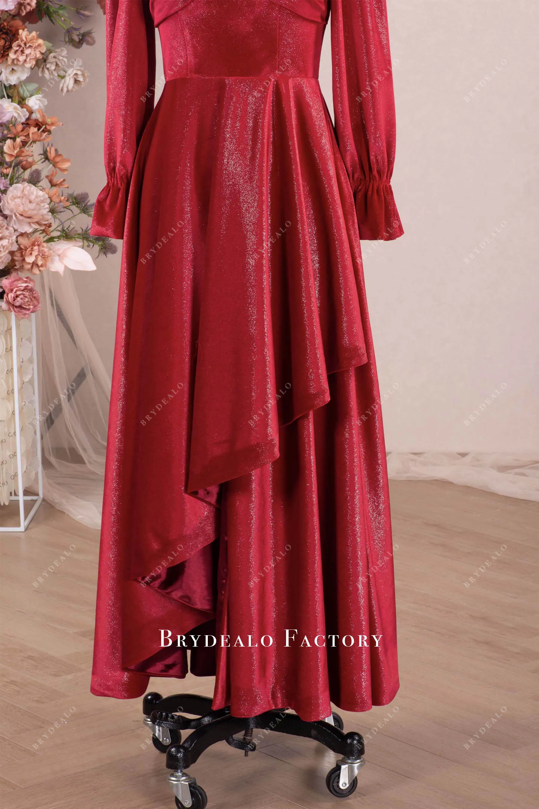 Red Shimmery Velvet Square Neck Ankle Length Formal Dress