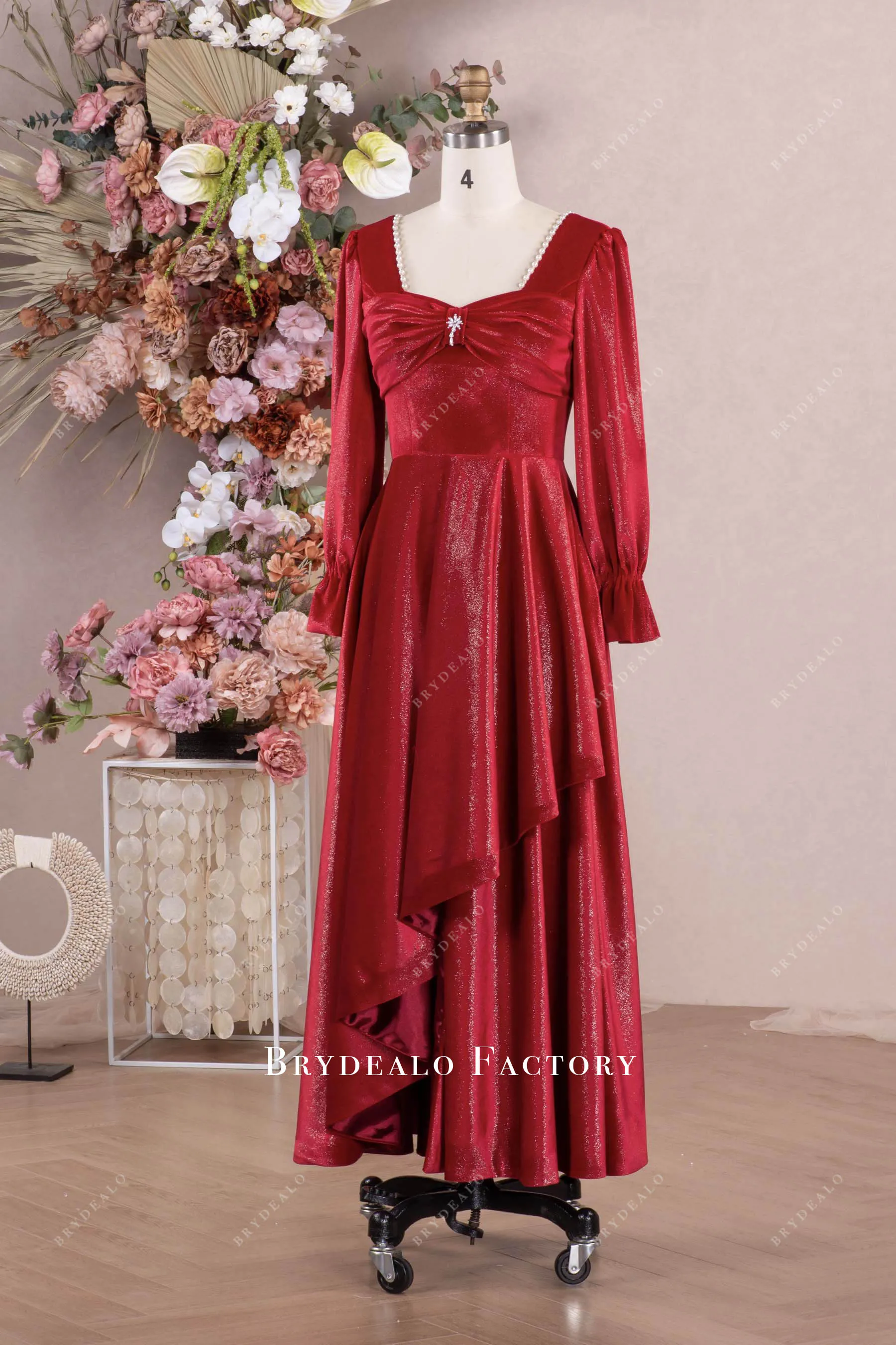 Red Shimmery Velvet Square Neck Ankle Length Formal Dress