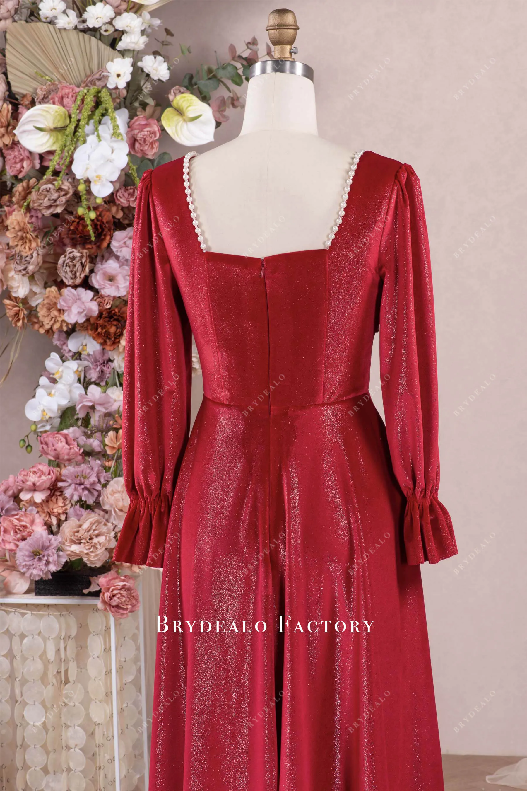 Red Shimmery Velvet Square Neck Ankle Length Formal Dress