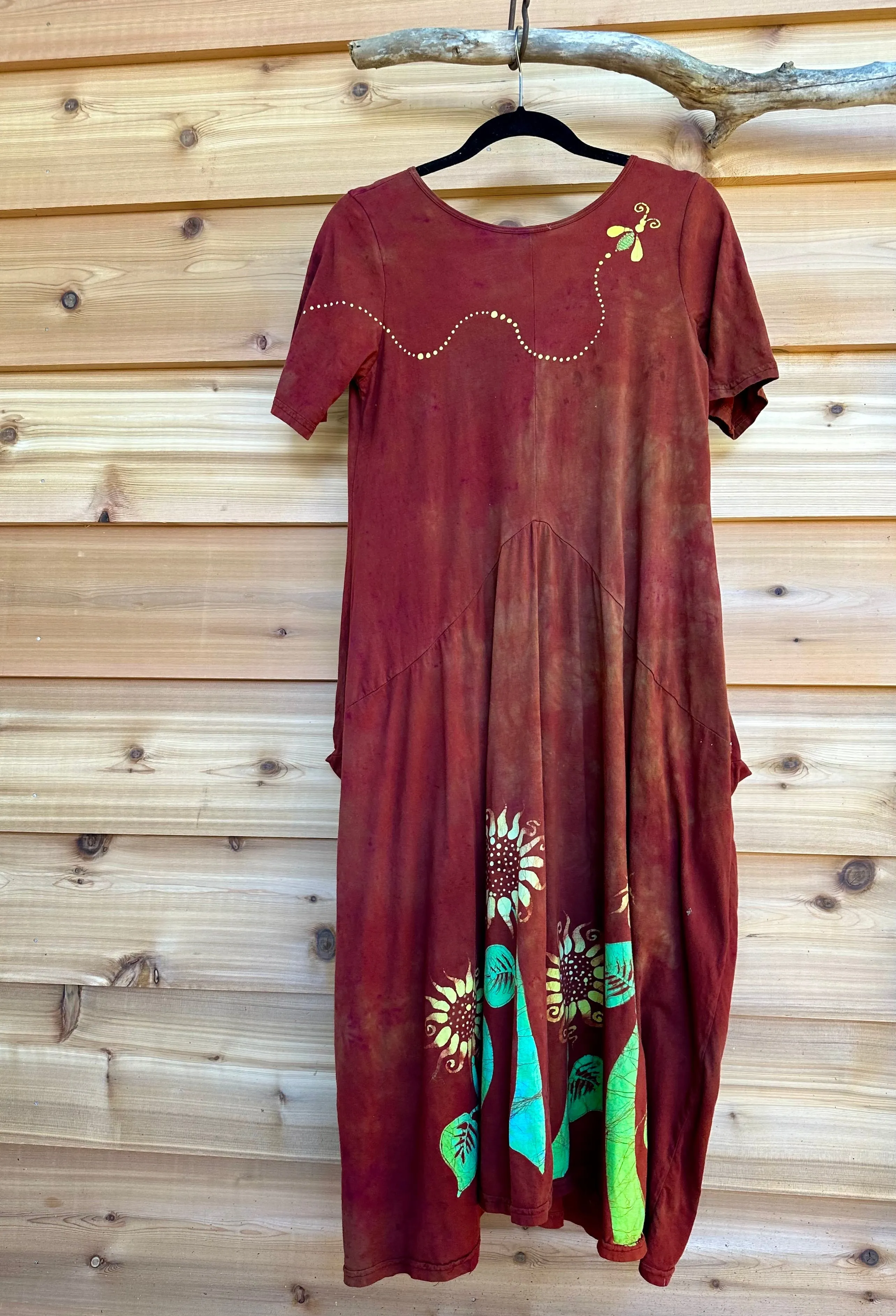 Red Sunflower Batik Dress With Pockets - Size Small