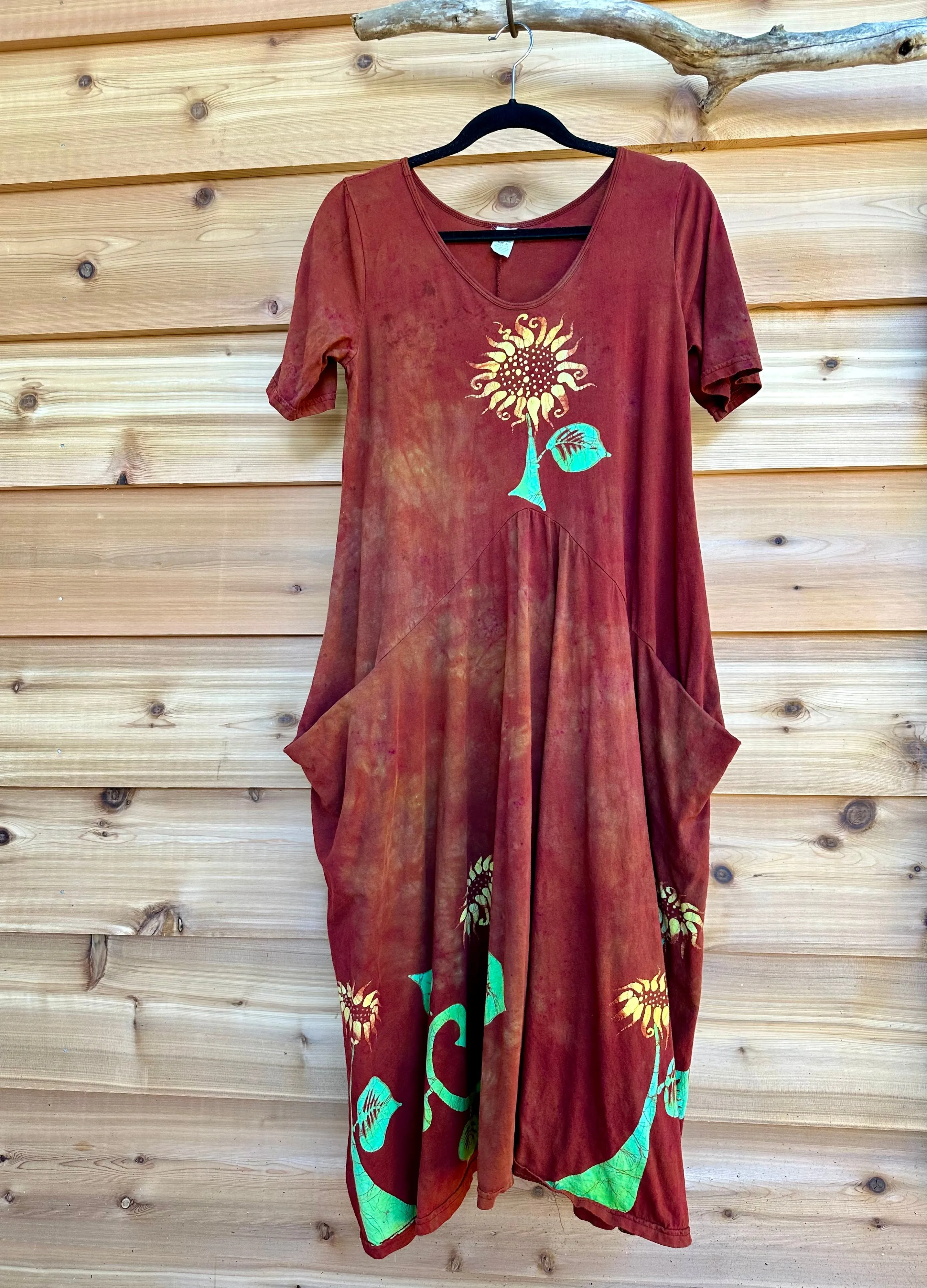 Red Sunflower Batik Dress With Pockets - Size Small